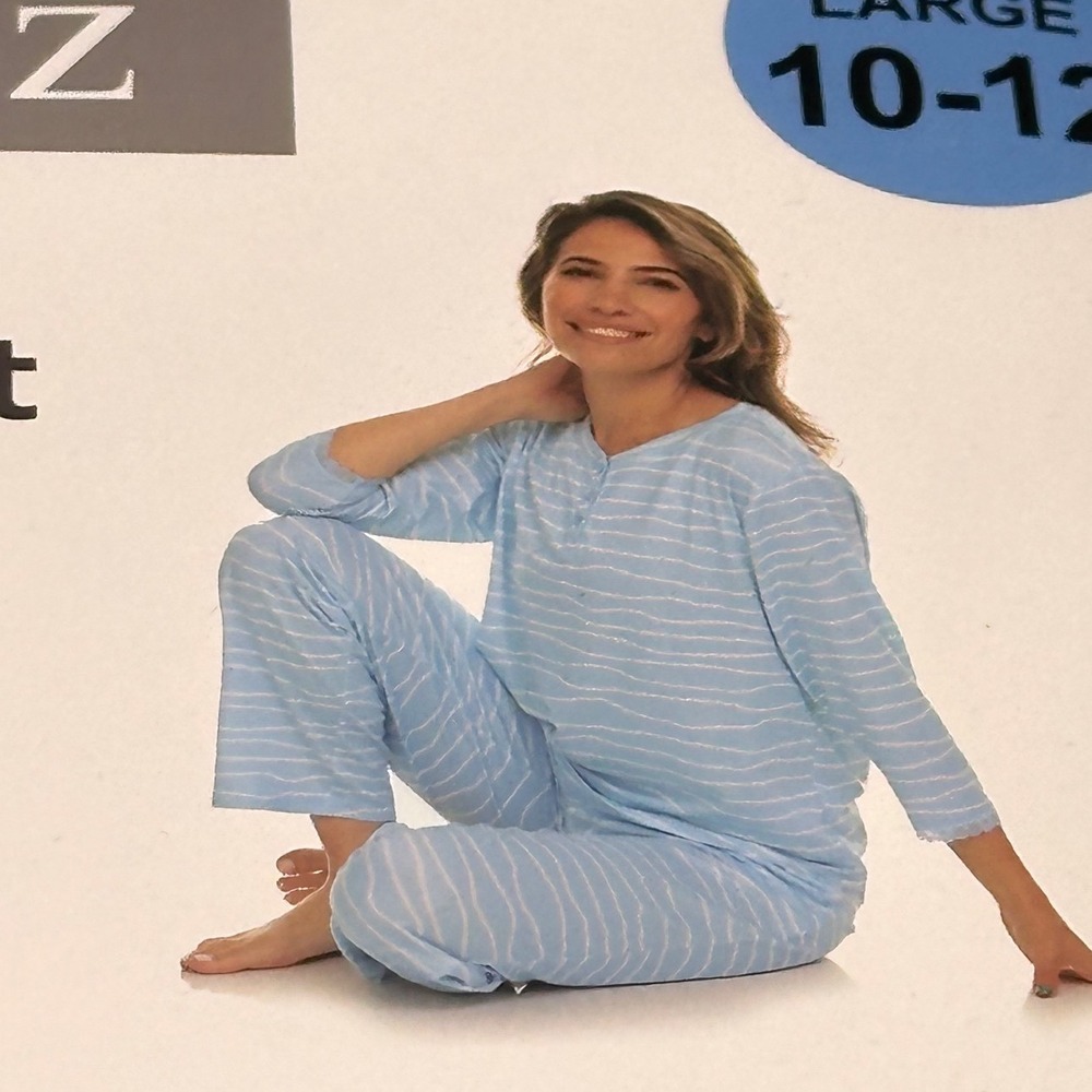 Flora Nikrooz Womens Henley Pajama Set 2-Piece Blue White Stripe Large 10-12